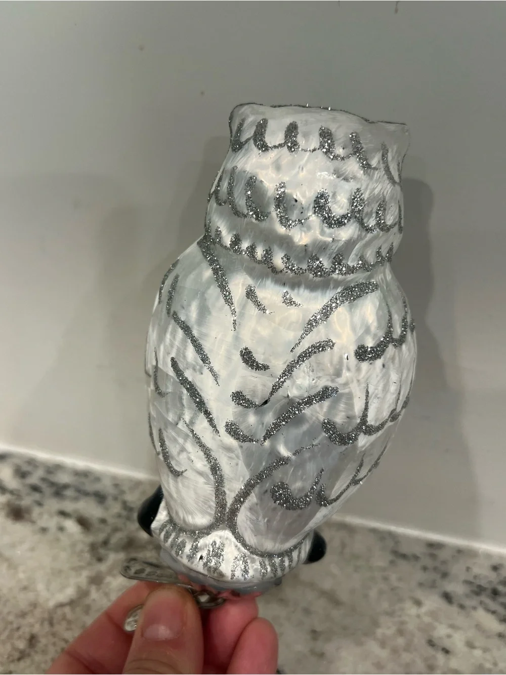 Large Vintage Silver and White Decorative glass Owl with clip ornament or decor